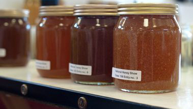 Photograph of honey on the show bench by Simon Croson